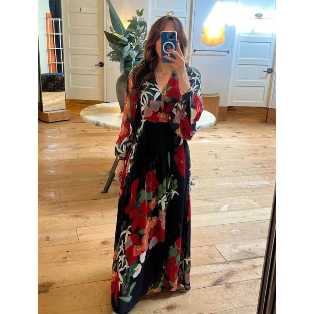 Farm Rio x Anthropologie Long Sleeve V Neck Floral Maxi Dress Balloon Sleeve S - Picture 4 of 11